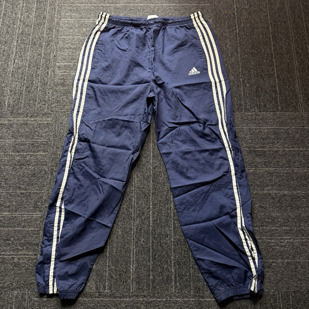 Vintage 90s Adidas navy blue windbreaker pants Large white stripes track joggers